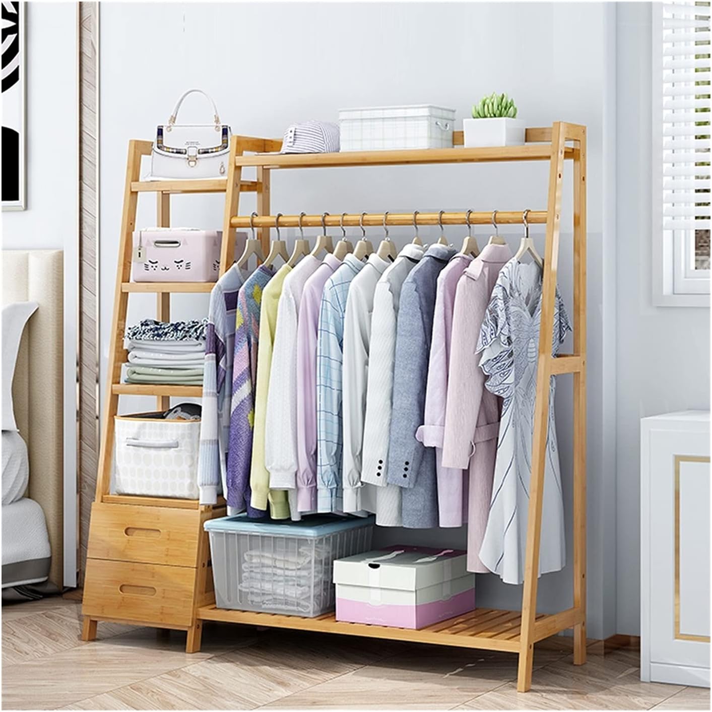Wooden Clothing Rack with Drawer Shelves Heavy Duty Clothes Hanging Rails Wood Garment Rack Clothes Hanger Rack Open Wardrobe Closet Coat Stands Multifunctional-110x40x140cm