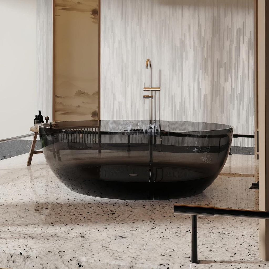 67' Edeyeu Round Freestanding Bathtub - Luxury Natural Resin Soaking Tub, Heat-Retaining Solid Surface Bathtub, Modern Free Standing Style For High-End Spa Bathrooms Black