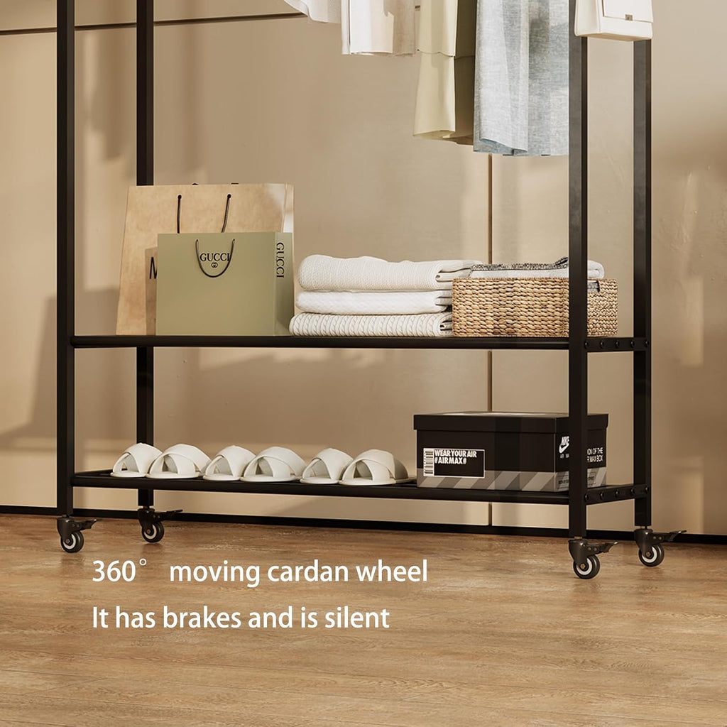 Sturdy Heavy Duty Clothes Rack With Wheels,Modern Clothing Rack With Shelves & hooks, Garment Racks for Hanging Clothes,Closet Rack for Bedroom,49.2in Wide,Clothes Storage and Display (black)