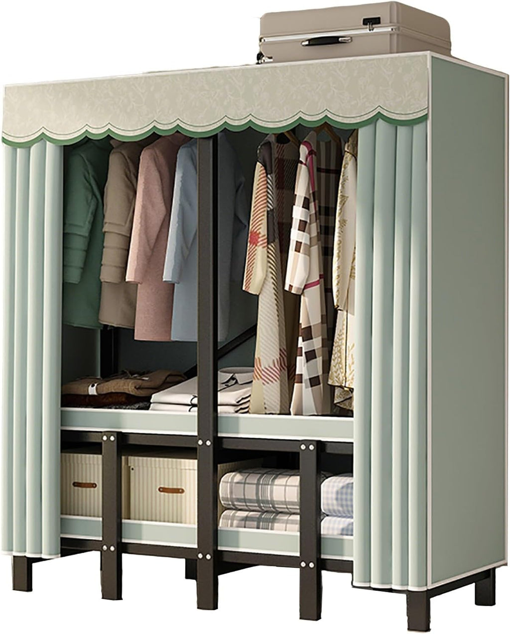 Heavy Duty Portable Wardrobe Closet for Hanging Clothing with Cover, Clothes Rack with Gauze Curtain, Covered Clothing Coat Storage Organizer(E,215cm/84.6inch)