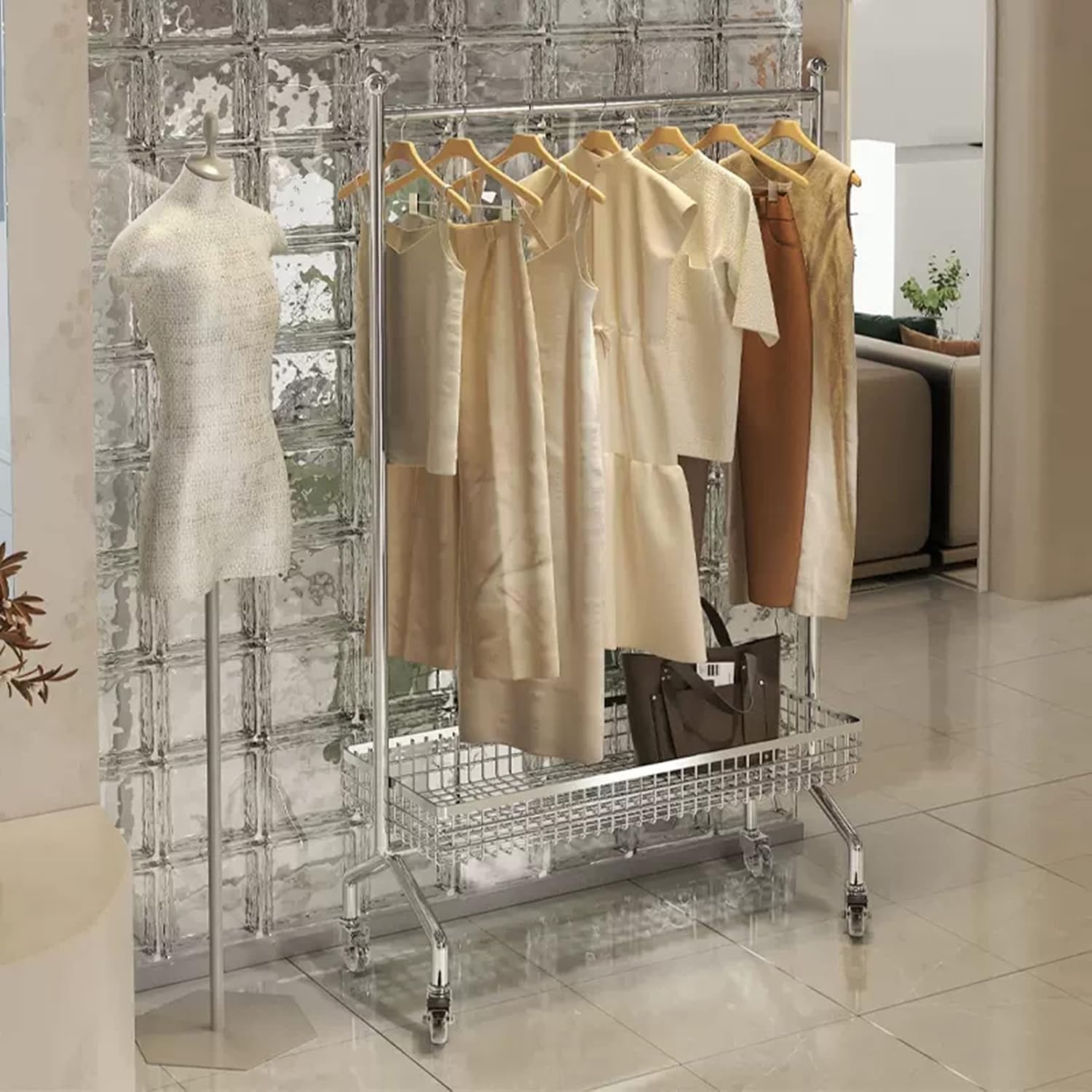 Heavy Duty Coat Rack, Garment Rack Silvery Metal Clothing Rack On Wheels Heavy Duty Garment Rack with Storage Basket Sturdy Clothes Rail for Hanging Clothes Space Saving Coat Rack for Bedroom (98X40