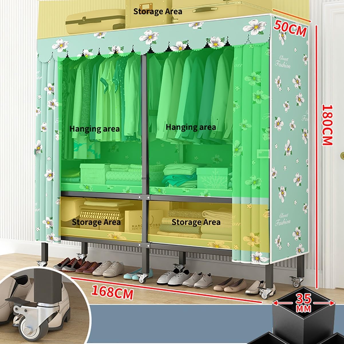 Portable Wardrobe Closets Metal Garment Rack With Lockable Wheels Foldable Clothes Rack With Fabric Cover For Bedroom (Color : H, Size : 168x50x180cm)
