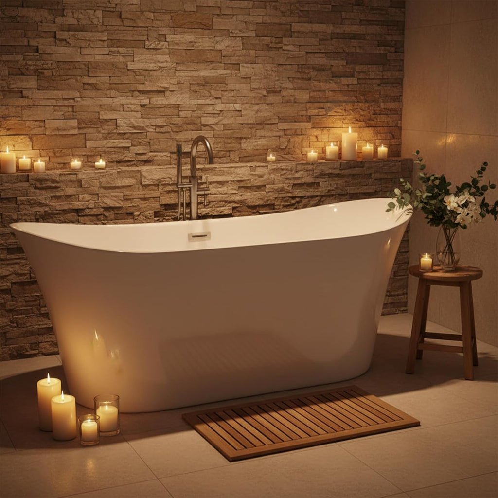 Bergamo 67' Freestanding Acrylic Bathtub with Chrome Drain, Glossy White Seamless Soaking Tub, Fiberglass Reinforced with Leveling Legs, 46 Gal Capacity