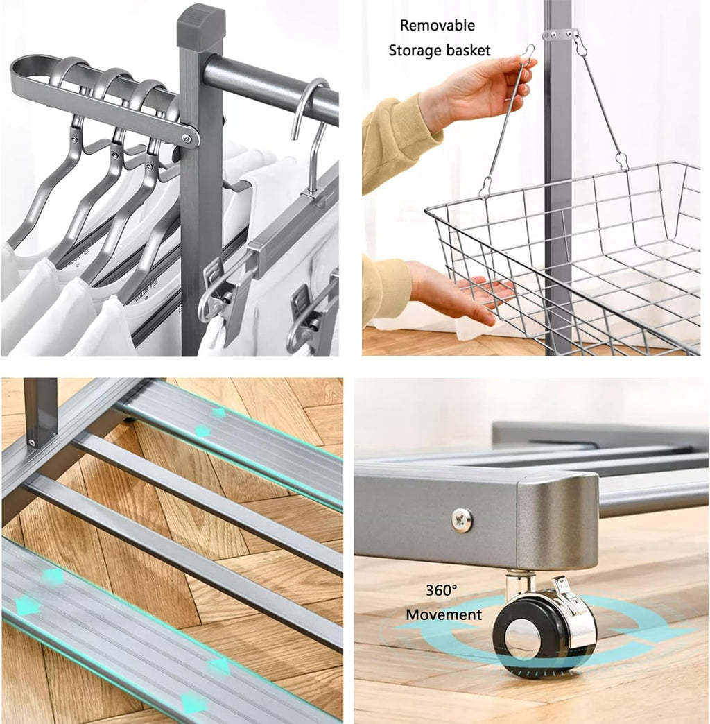 Heavy Duty Coat Rack, Garment Rack Aluminum Alloy Clothes Rail On Wheel, Multifunctional Clothing Rack with 2 Foldable Hooks, Removable Storage Basket and Shelves, Space Saving Coat Rack