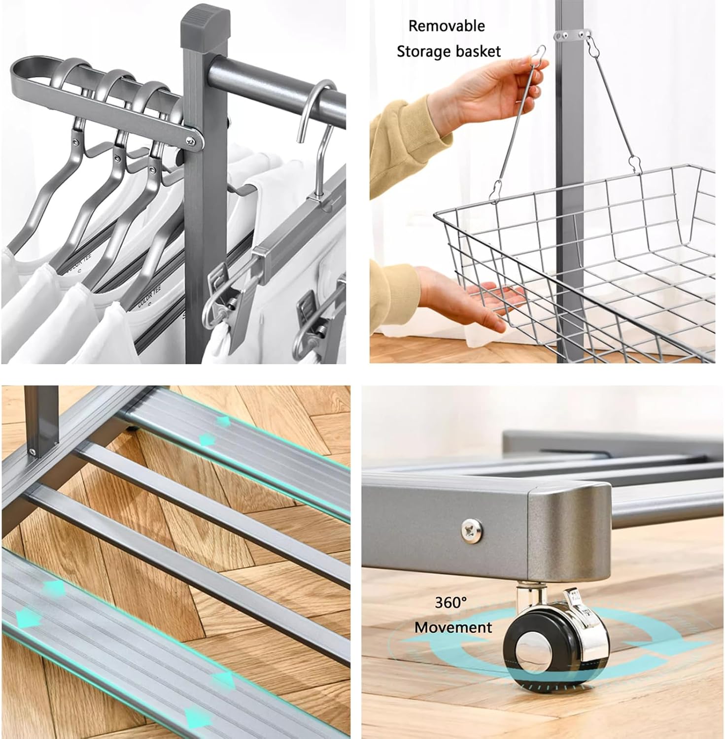 Heavy Duty Garment Rack Aluminum Alloy Clothes Rail On Wheel, Multifunctional Clothing Rack with 2 Foldable Hooks, Removable Storage Basket and Shelves, Space Saving Coat Rack for Bedroom