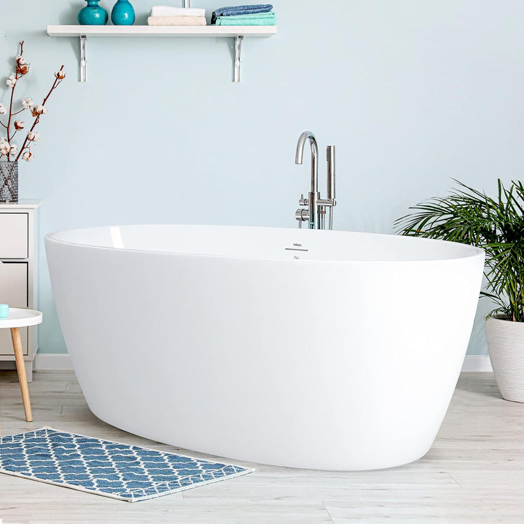 FerdY Tahiti 59' Acrylic Freestanding Bathtub, Elegant Oval Shape Bathtub, Glossy White, Brushed Nickel Drain & Integrated Slotted Overflow Assembly Included cUPC Certified, 02119