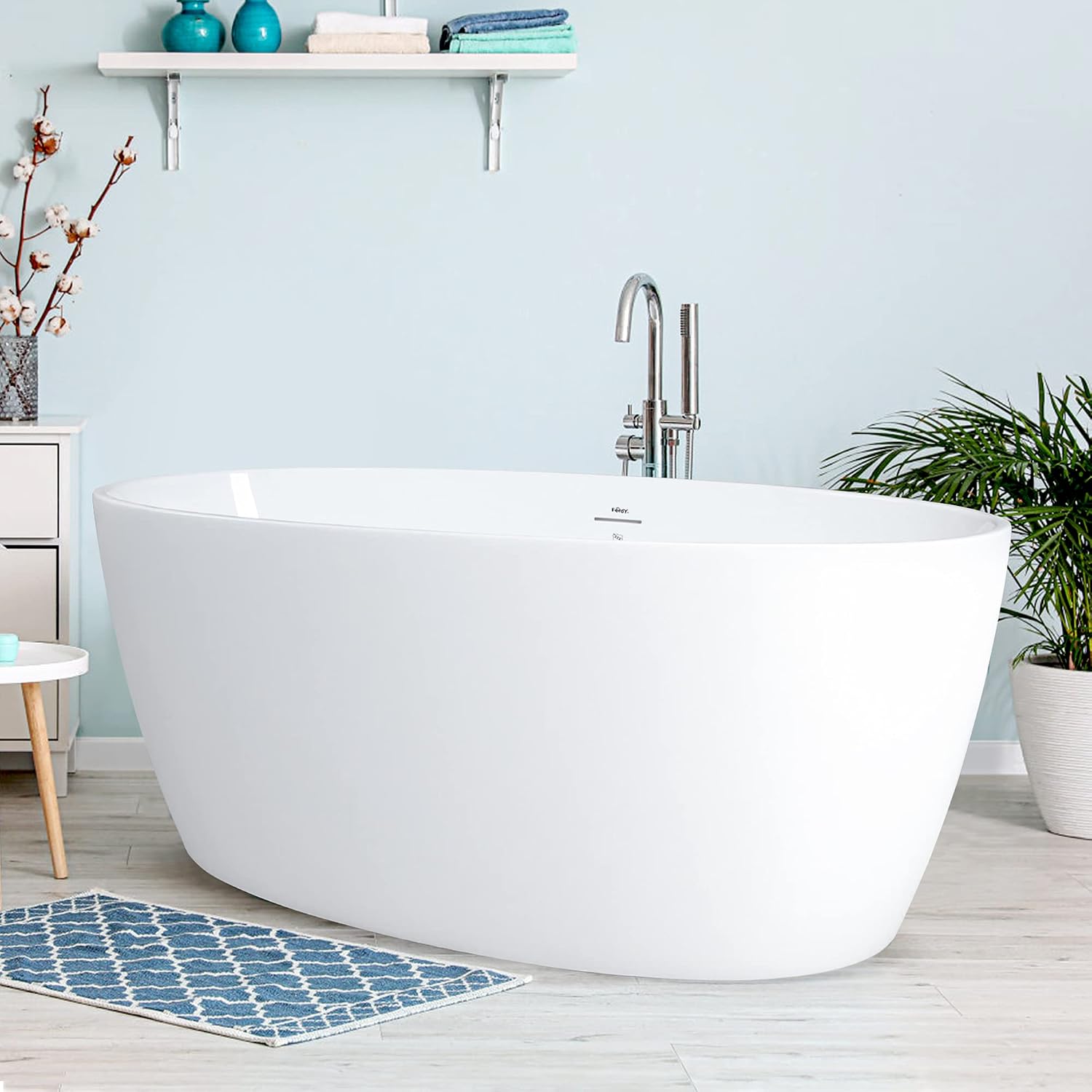 FerdY Tahiti 59' Acrylic Freestanding Bathtub, Elegant Oval Shape Bathtub, Glossy White, Brushed Nickel Drain & Integrated Slotted Overflow Assembly Included cUPC Certified, 02119