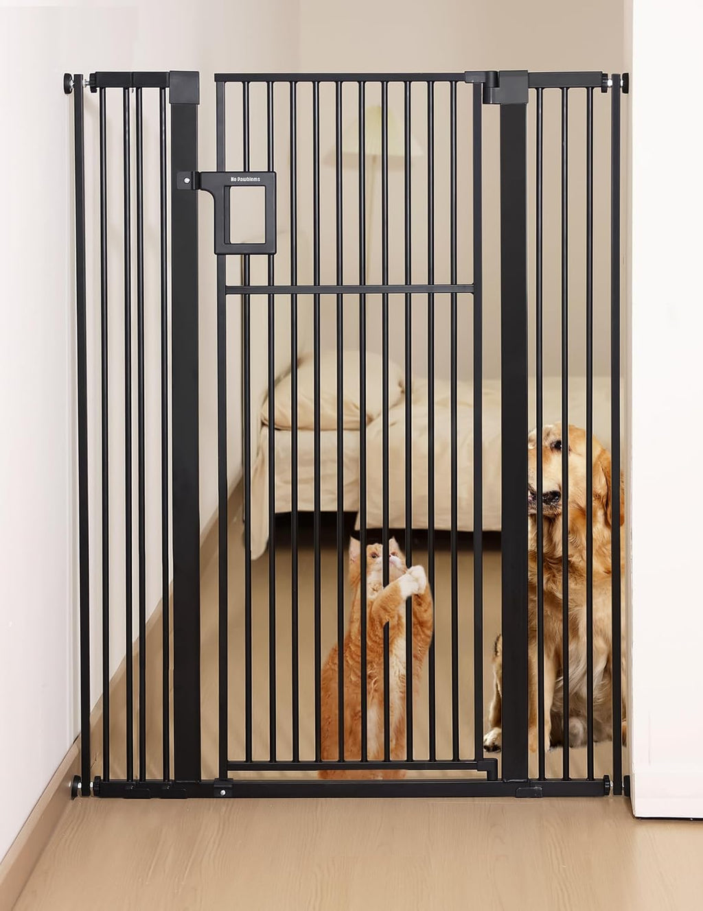 No Pawblems Upgraded 55' Extra Tall Pet Gate for Cat, 29-43' Auto Close Cat Gate for Doorways/Stairs/Hallways, NO Drilling Pressure Mounted Tall Dog Gate Indoor, 1.37' Pet-Safe Gap, Black