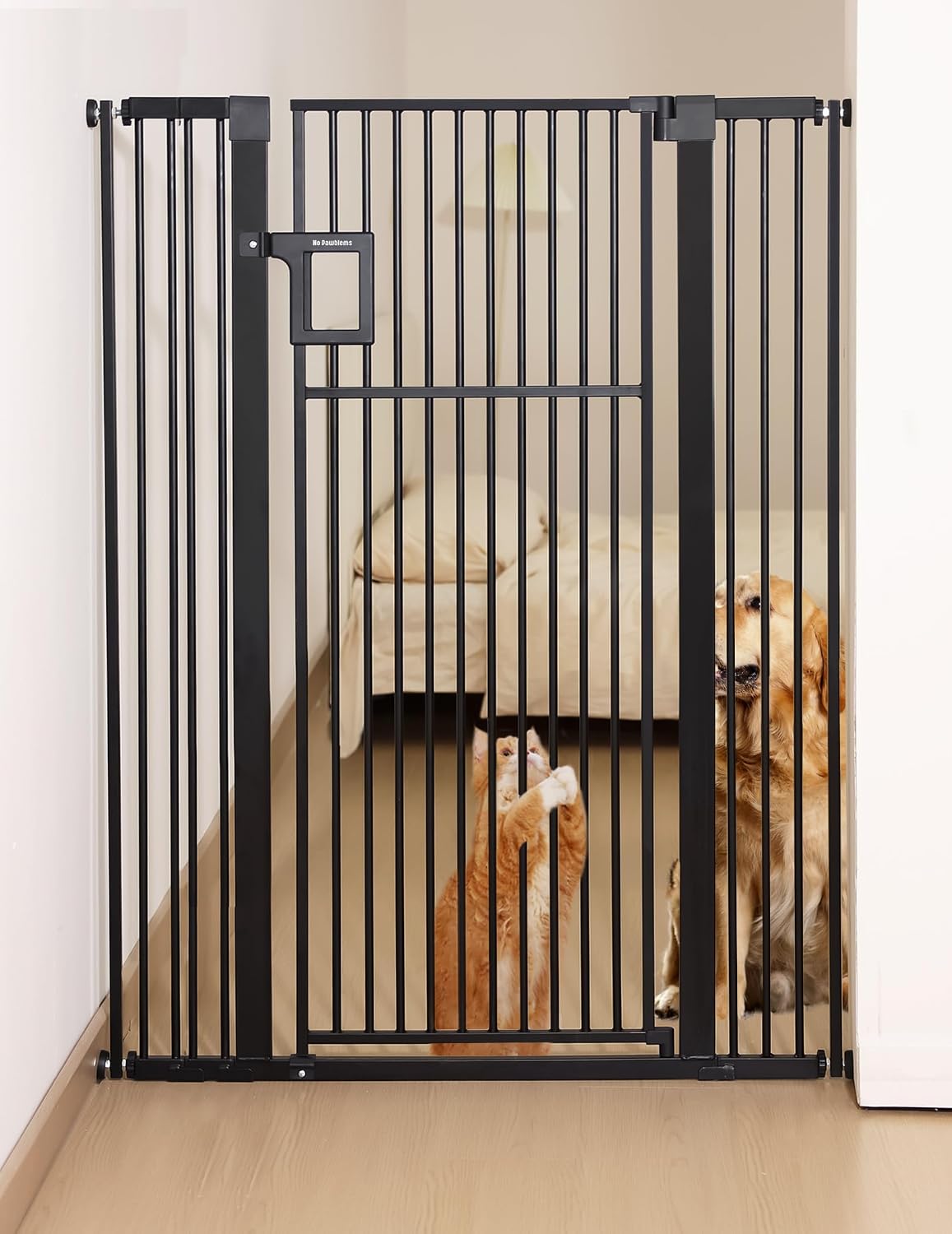 No Pawblems Upgraded 55' Extra Tall Pet Gate for Cat, 29-43' Auto Close Cat Gate for Doorways/Stairs/Hallways, NO Drilling Pressure Mounted Tall Dog Gate Indoor, 1.37' Pet-Safe Gap, Black