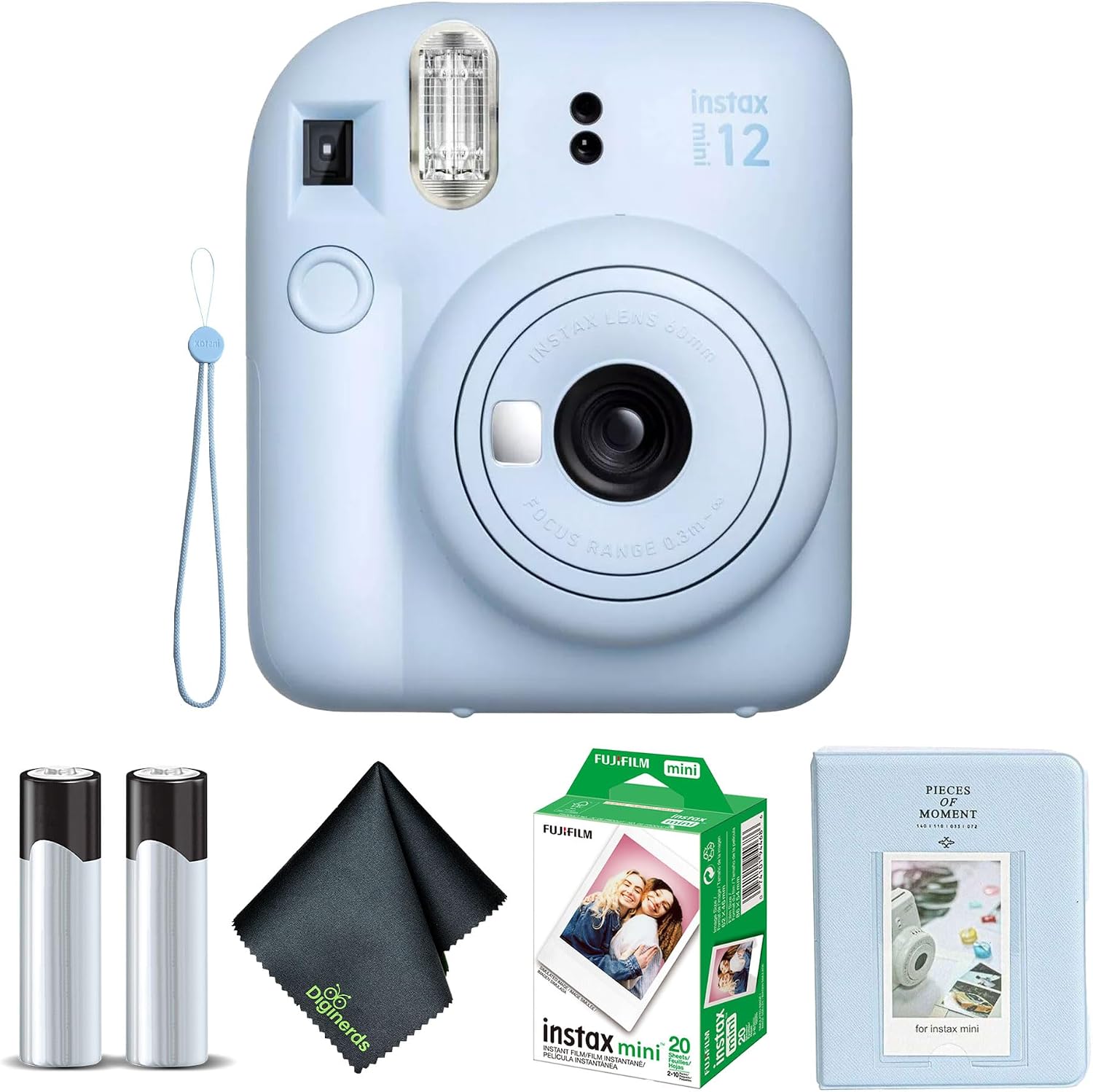 Fujifilm Instax Mini 12 Instant Camera Pastel Blue Bundle with Fuji Instax Mini Film Value Pack (20 Sheets) + Photo Album + Microfiber Cleaning Cloth