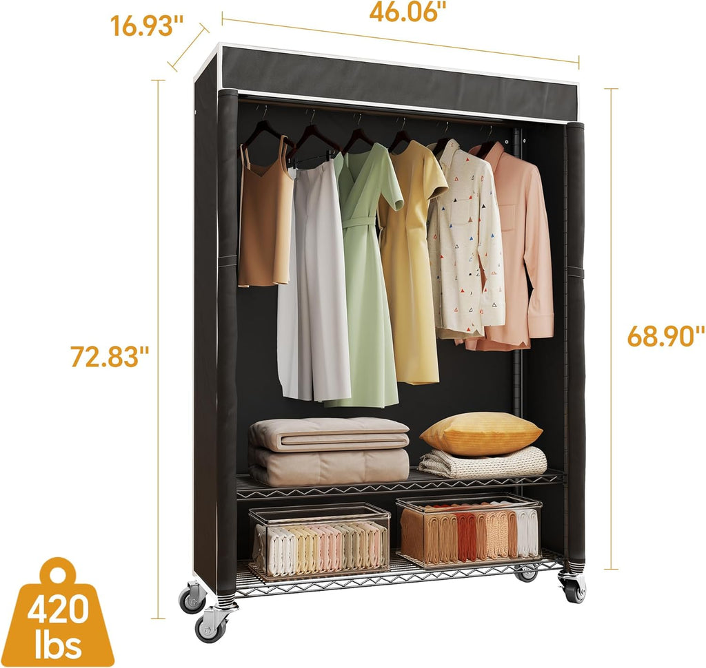 Higeego H4 Plus Rolling Garment Rack with Cover, Heavy Duty Clothes Rack with Wheels, Portable Closet for Hanging Clothes, Wardrobe Closets Organizer Storage, Black Closet Rack with Black Fabric Cover