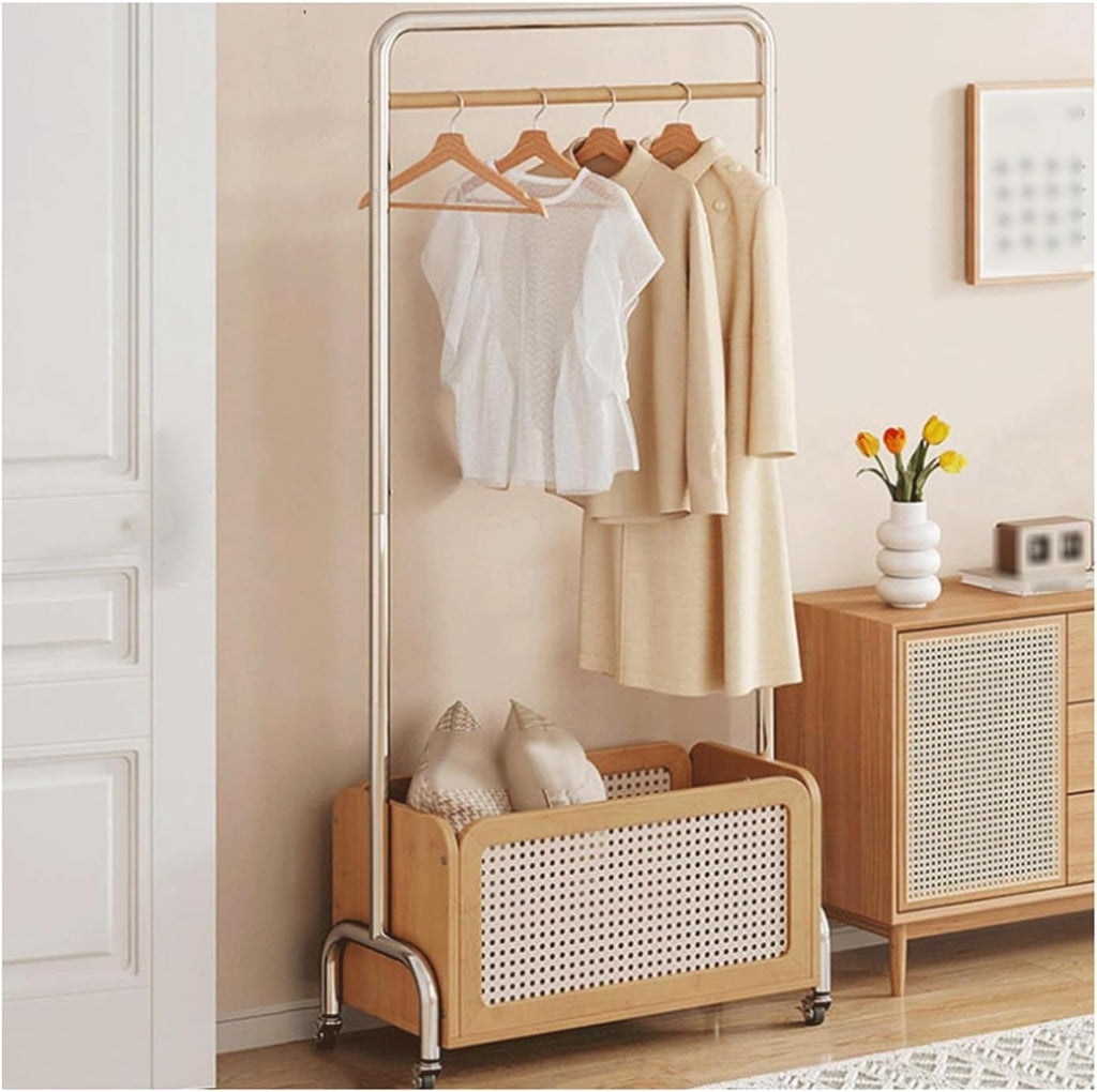 Metal Clothing Rack w/Wheels Heavy Duty Rolling Clothes Rack Modern Garment Rack w/Bamboo Rattan Storage Basket for Bedroom Boutiques