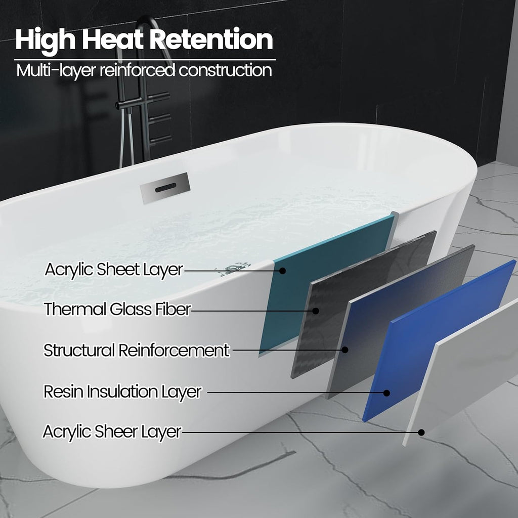 67-Inch Freestanding Acrylic Bathtub in White Finish | Chrome Drain & Overflow with Ergonomic Oval Design | Modern Soaking Tub for Family & Guest Bathrooms