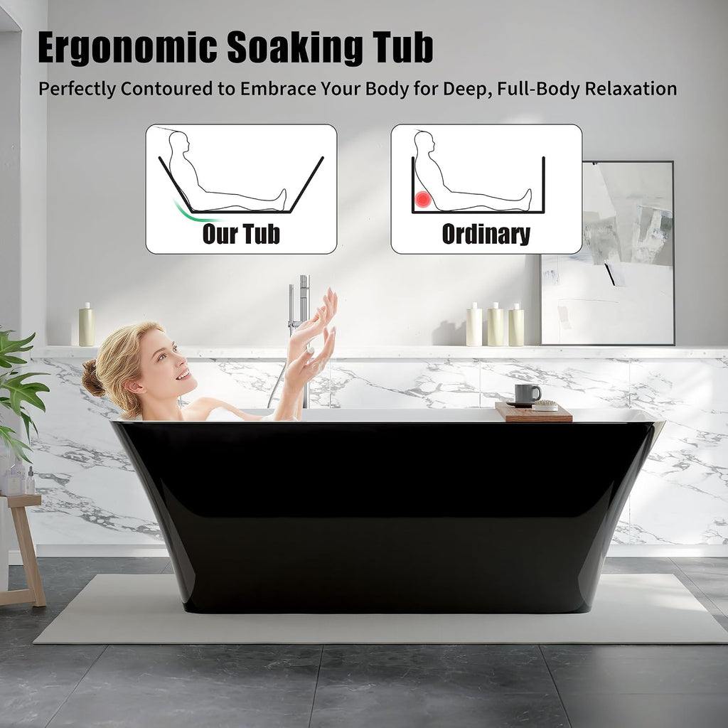 GarveeLife 67 Inch Freestanding Bathtubs Black Acrylic Soaking Tub, Modern Free Standing Tub with Integrated Overflow, Ergonomic Deep Soak Freestanding Tub for Luxury Bathroom or Home Spa
