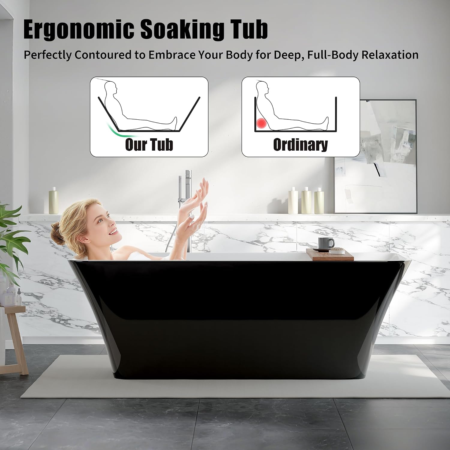 GarveeLife 67 Inch Freestanding Bathtubs Black Acrylic Soaking Tub, Modern Free Standing Tub with Integrated Overflow, Ergonomic Deep Soak Freestanding Tub for Luxury Bathroom or Home Spa