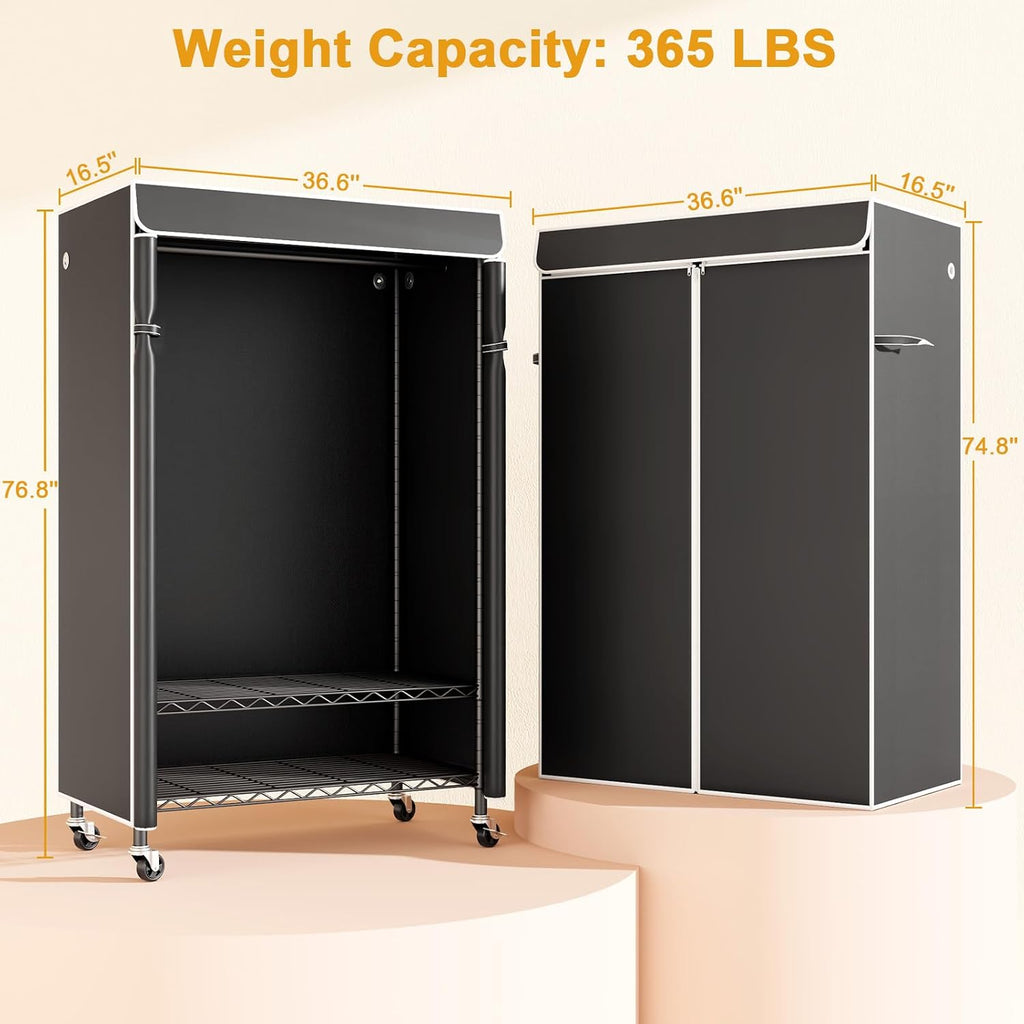 ULIFHOME P6C Rolling Clothes Rack with Cover, Covered Clothing Racks Heavy Duty, Portable Closet for Hanging Clothes, Garment Racks on Wheels, Black Closet Rack with Black Cover, Max Load 365LBS