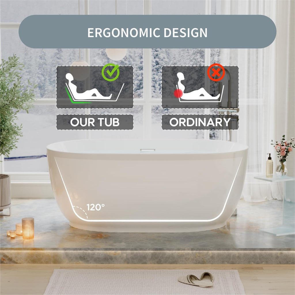 WELLFOR 59 Inch Acylic Freestanding Bathtub, 68 Gallons Capacity Soacking Bathtub with Chrome Bathtub Drain and Groove Overflow, Freestanding Soaking Tub for 1 Person, Glossy White
