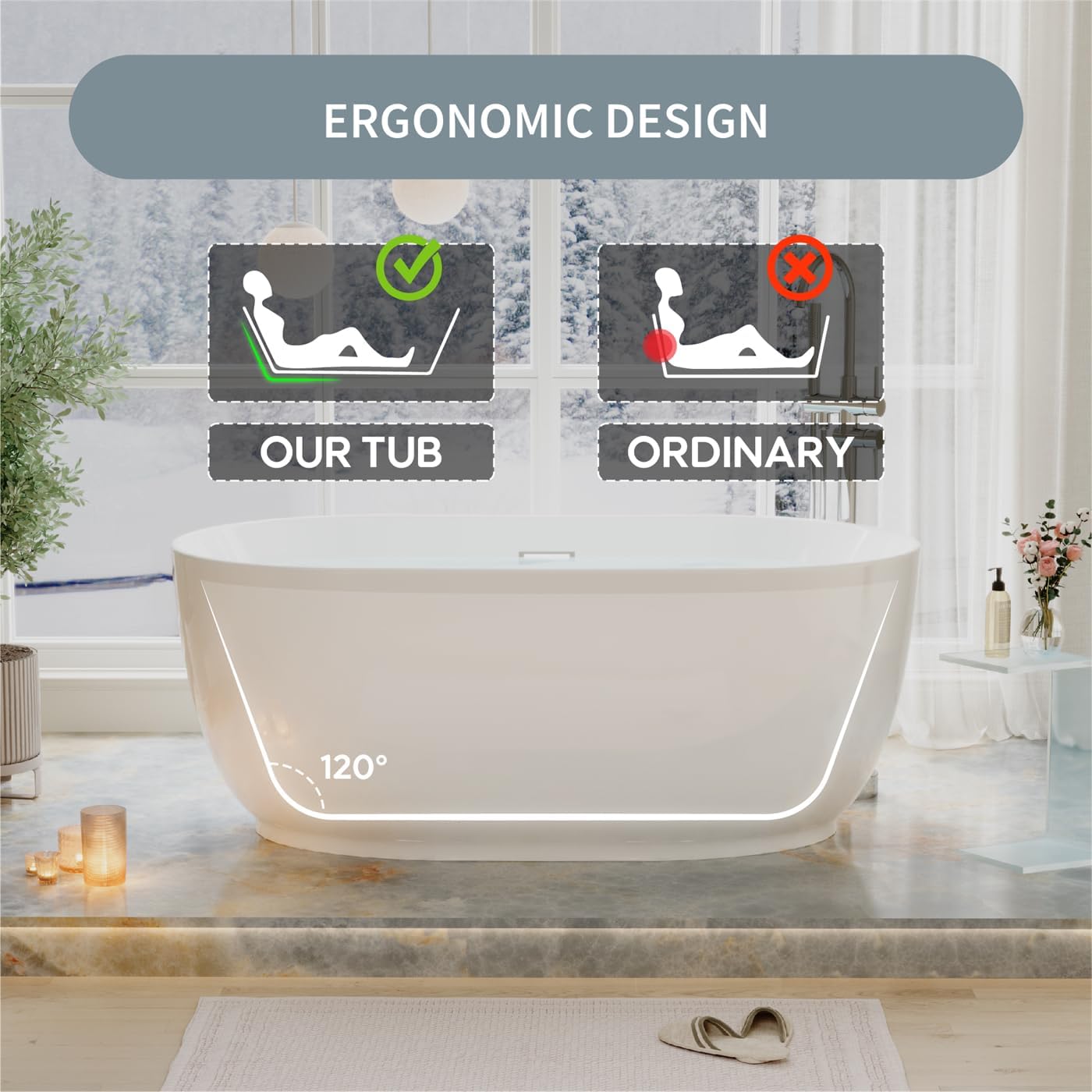 WELLFOR 59 Inch Acylic Freestanding Bathtub, 68 Gallons Capacity Soacking Bathtub with Chrome Bathtub Drain and Groove Overflow, Freestanding Soaking Tub for 1 Person, Glossy White