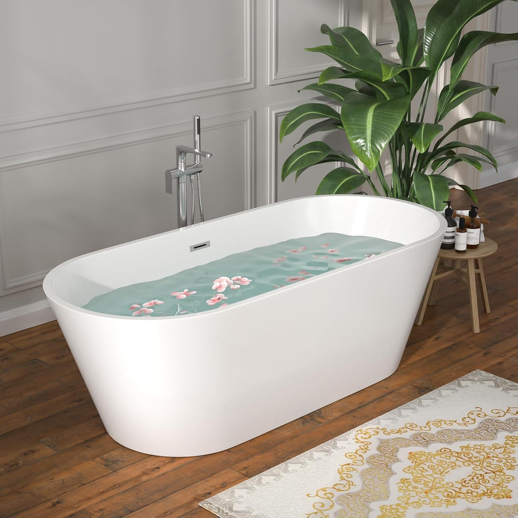 67 Inch Freestanding Acrylic Soaking Tub White Roll Top Bathtub with Chrome Drain Spa-Like Glossy Finish, YSB9223