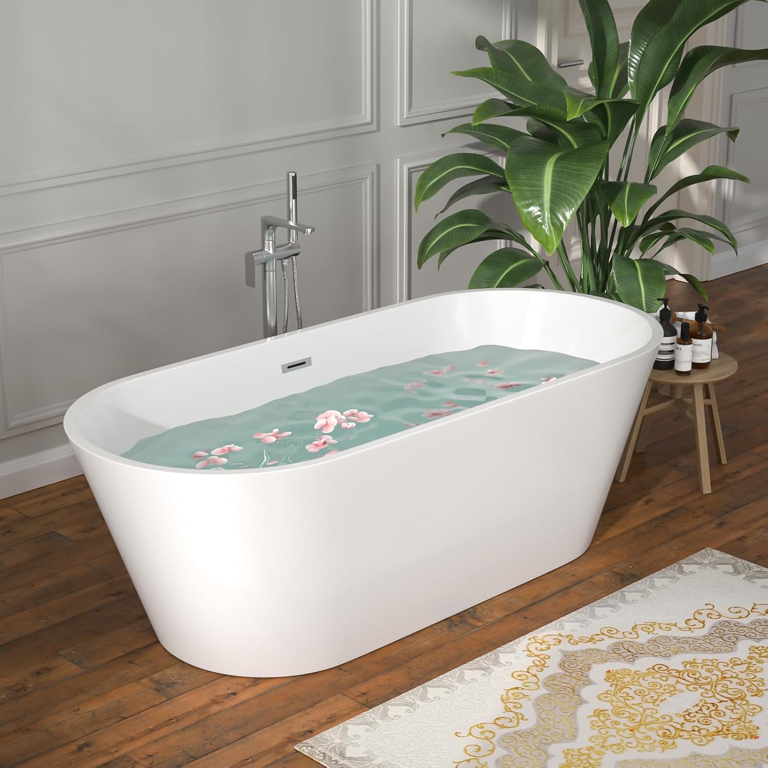 67 Inch Freestanding Acrylic Soaking Tub White Roll Top Bathtub with Chrome Drain Spa-Like Glossy Finish, YSB9223