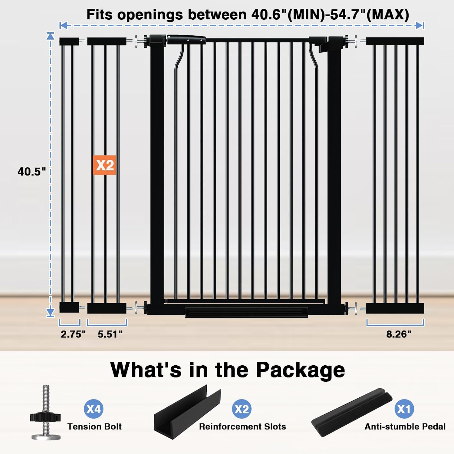 40.55' Extra Tall Baby Gate for Stairs-40.6'-54.7' Wide 1.37' Ultra Narrow Spacing Extra Wide Pet Cat Gate Dog Gate-Auto-Close Pressure Mounted Dog Door for Pets and Kids,Black