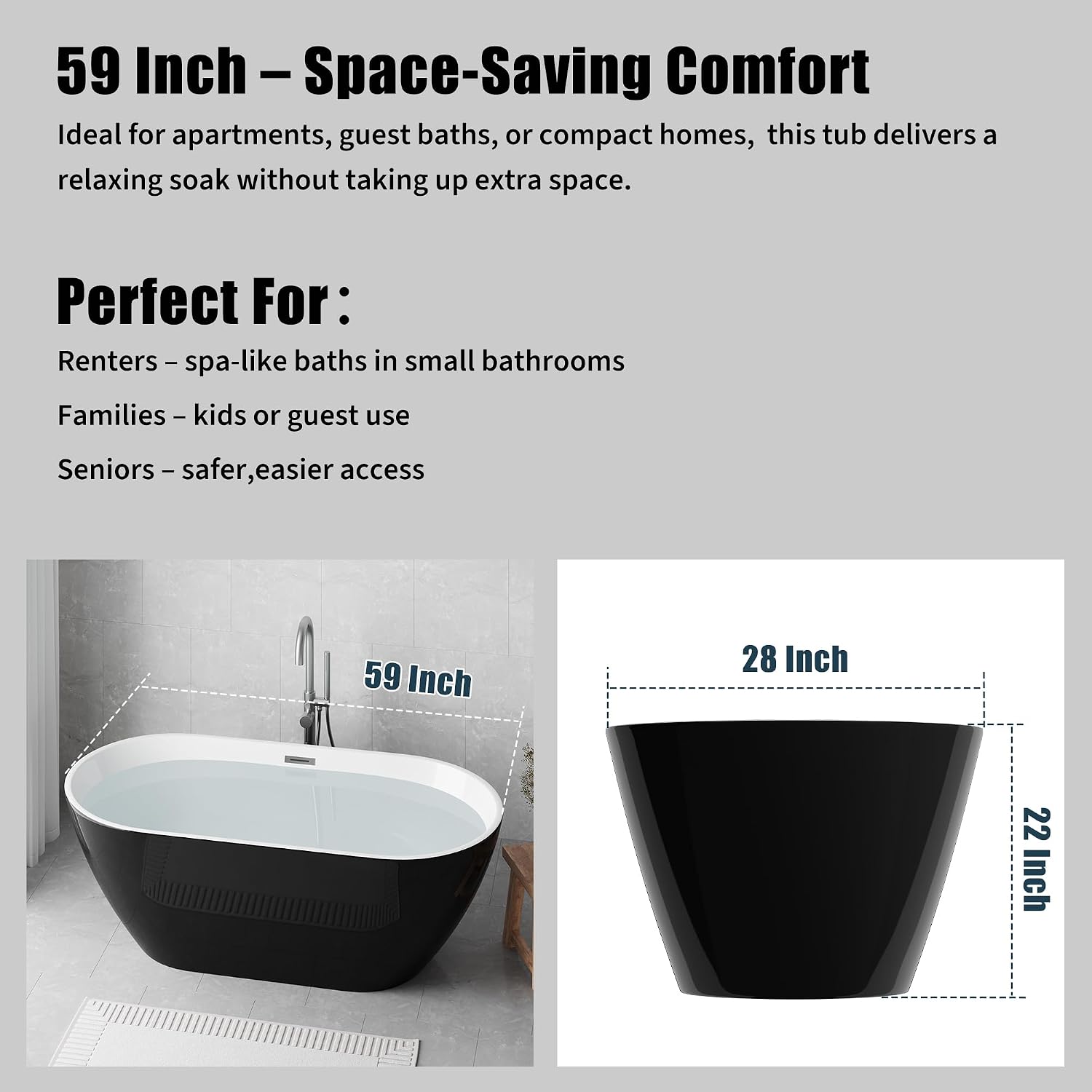 59 Inch Acrylic Freestanding Bathtub, Acrylic Soaking Bathtub with Matte Drain and Overflow, Deep Ergonomic Tub with Double-Walled Insulation, CUPC Certified, Modern Square Design