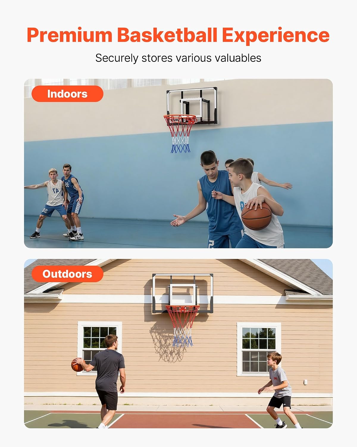 VEVOR Basketball Hoop, 44 54 Inchs PC Backboard Wall Mounted, Basketball Portable Hoop & Goal, Indoor & Outdoor with Hand-Crank Adjustment, Classic Basketball Court, Teens, Adults, Schools, Parks