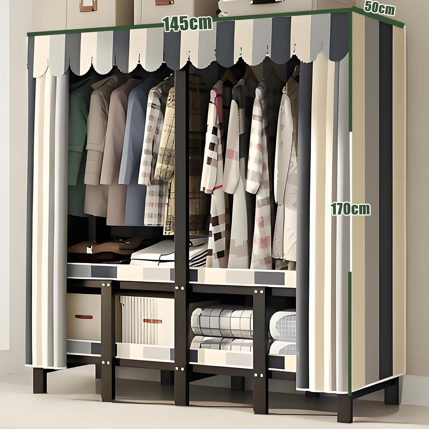 Foldable Drying Rack - Strong and Durable Portable Wardrobe Closet Rack with Cover, Large Metal Canvas Wardrobe Closet, Wardrobe Clothes Organizer, for Hanging Clothes(145 * 50 * 170cm)