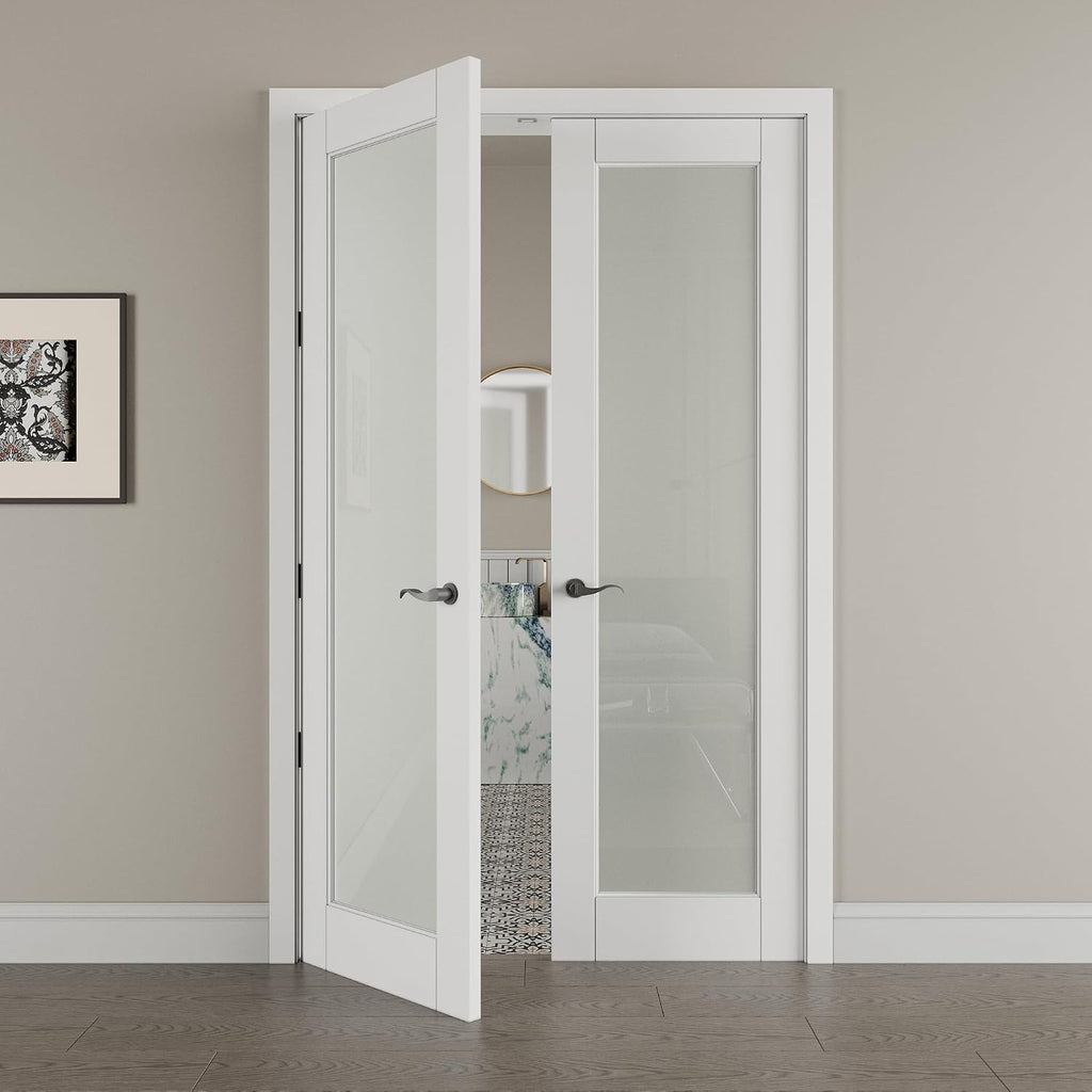 52' x 80' French Doors Interior (Double 26' x 80' Frosted Glass Door with Black Hinge Prehung Jamb Kit), Pre-Finished & Paintable, Prebuilt Home Door Panels & Assembly Required Jamb