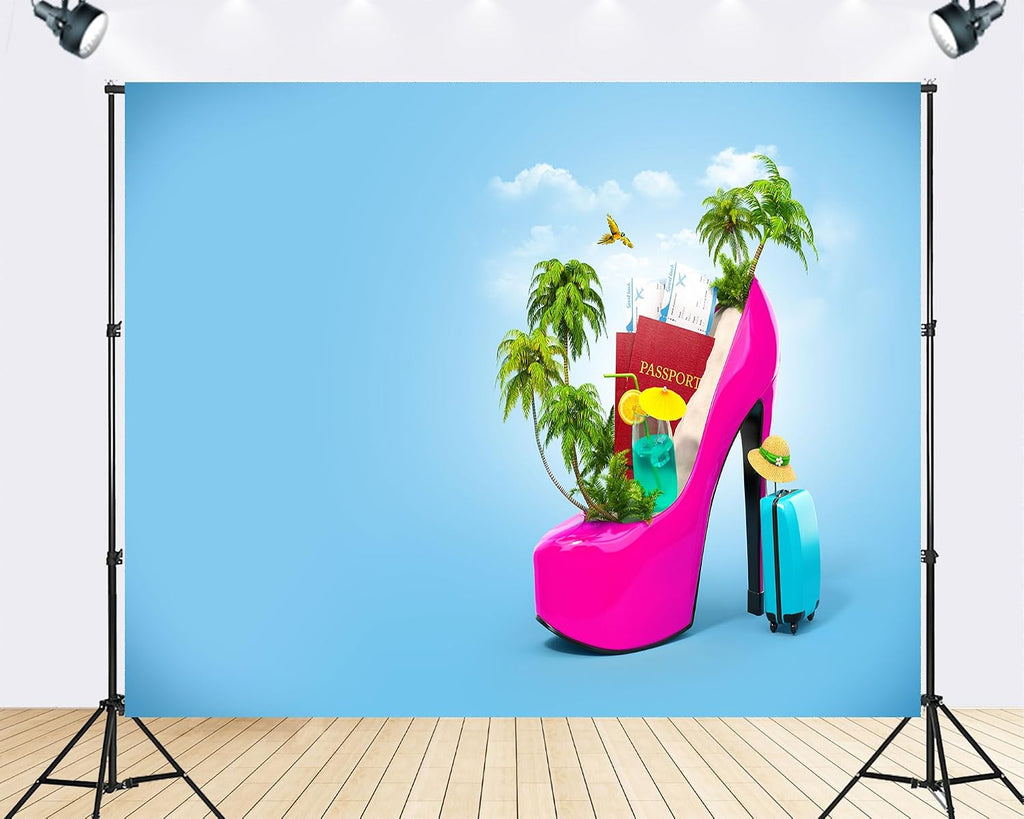 Trykid 20x10ft Pink High Heel Tropical Vacation Essentials Backdrop Travel Getaway Concept Photography Background Bachelorette Party Event Party Decoration Photo Booth Prop Fabric