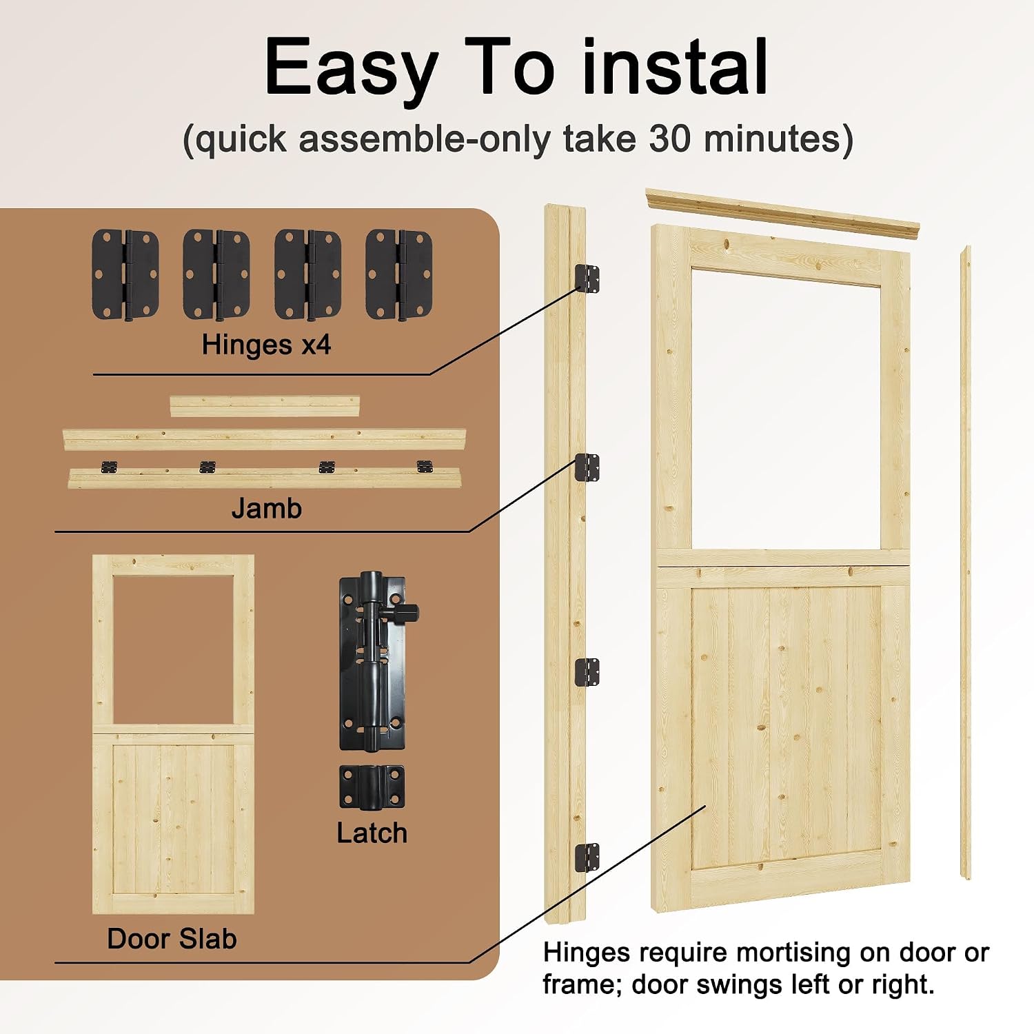 32' x 80' Exterior Prehung Dutch Door, Universal 1 Lite Tempered Clear Glass Split Single Doors, Solid Core Home Entry Door, Natural Pine Wood - with 4 Hinges & 1 Latch & Jamb, Jamb Assembly Needed