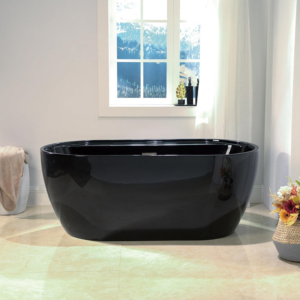 WOODBRIDGE 59' L x 31-1/2' W Freestanding Contemporary Acrylic Soaking Bathtub in Glossy Black Inside and Outside with Brushed Nickel Drain & Overflow,B8864-BN