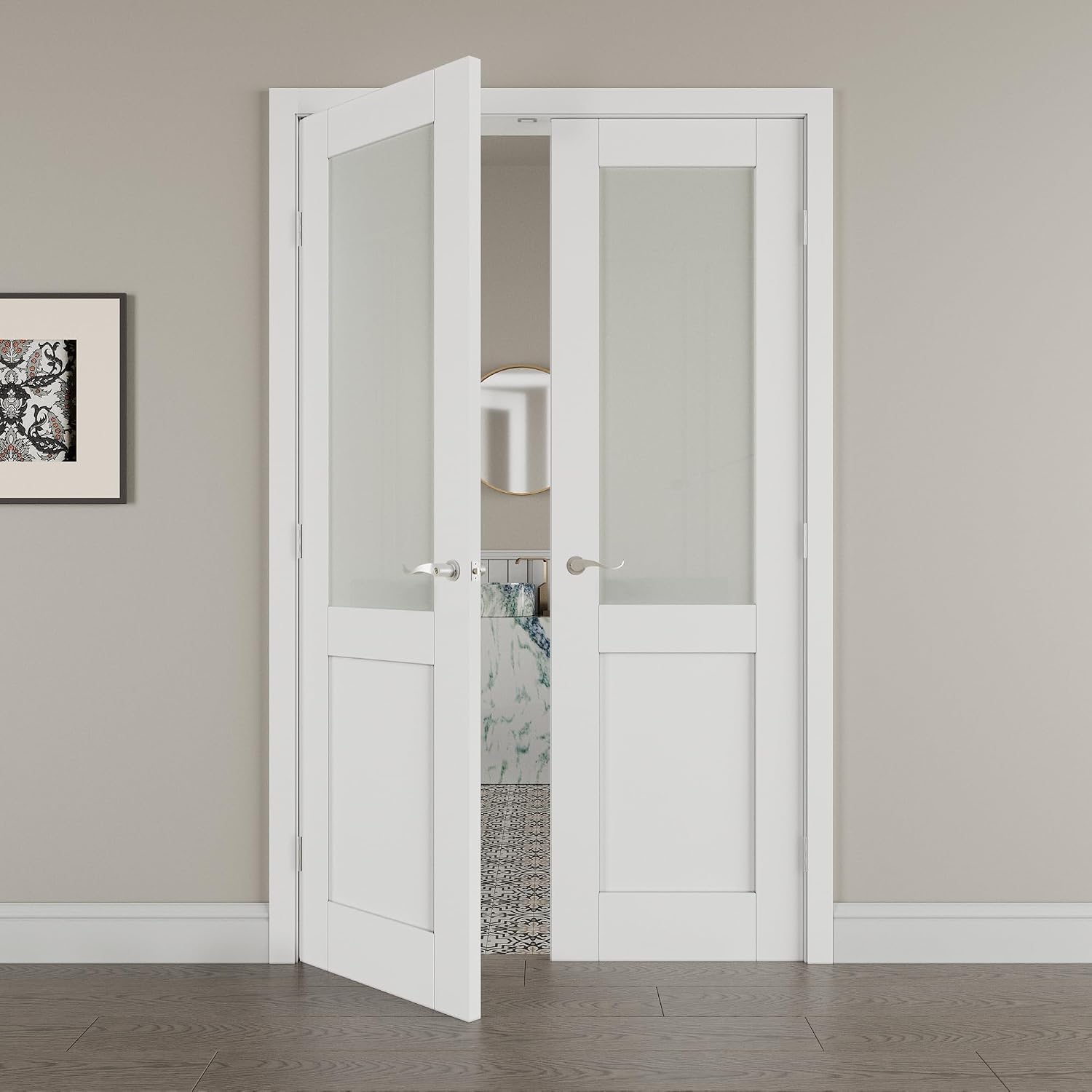 48' x 80' French Doors Interior (Double 24' x 80' Half Frosted Glass Door with Silver Hinge Prehung Jamb Kit), Pre-Finished & Paintable, Prebuilt Home Door Slabs & Assembly Required Jamb