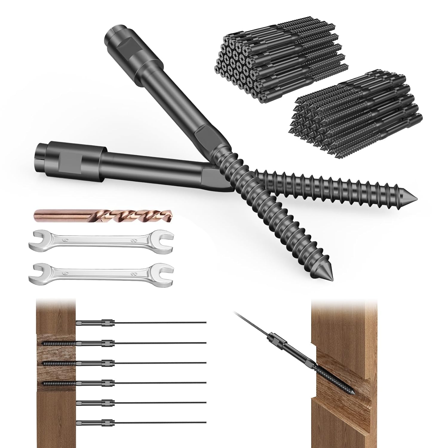 BLIKA Upgraded 60 Pack 1/8' Black Swageless Lag Screws Left & Right for Wood Posts, Swageless Lag Screw Terminals, T316 Stainless Steel, Swageless Black Cable Railing Kit, Deck Wire Railing Kits