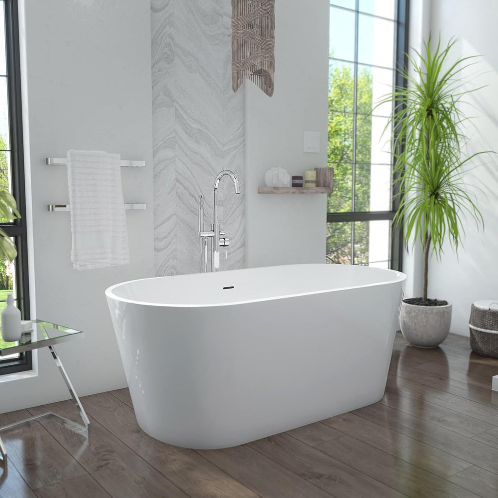 DreamLine Enigma 47 inch L x 27 1/2 inch W x 22 7/8 inch H Freestanding Acrylic Bathtub with Chrome Drain