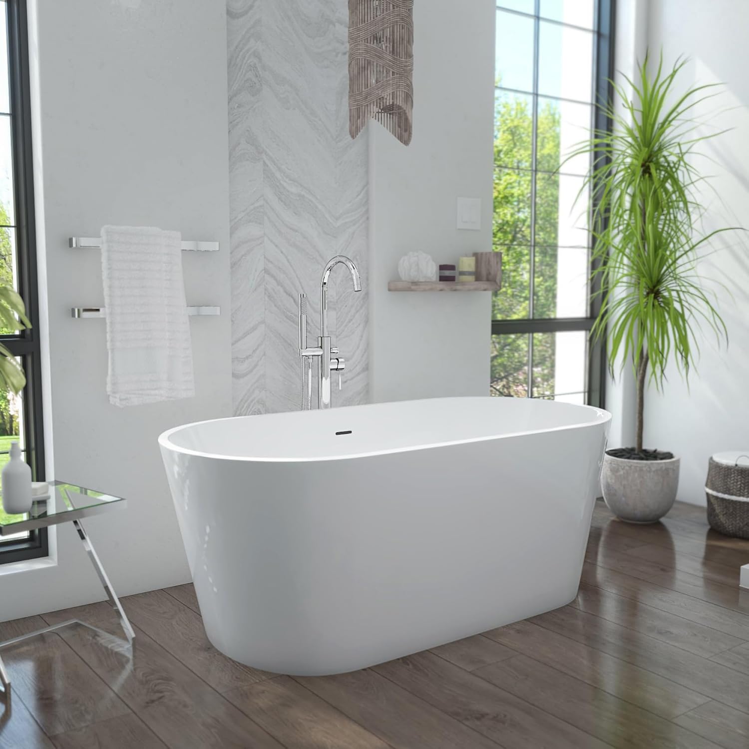 DreamLine Enigma 67 inch L x 31 1/2 inch W x 22 7/8 inch H Freestanding Acrylic Bathtub with Polished Brass Drain