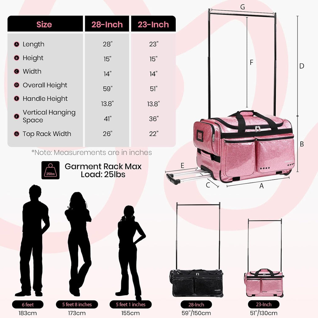 Fanwoli 23' Dance Bag with Garment Rack | Glittering Waterproof Fabric & Upgraded Stable System | Shine-Bright Collection | Ideal Competition Duffle Bag for Dancer Athlete Cheerleader Little Princess