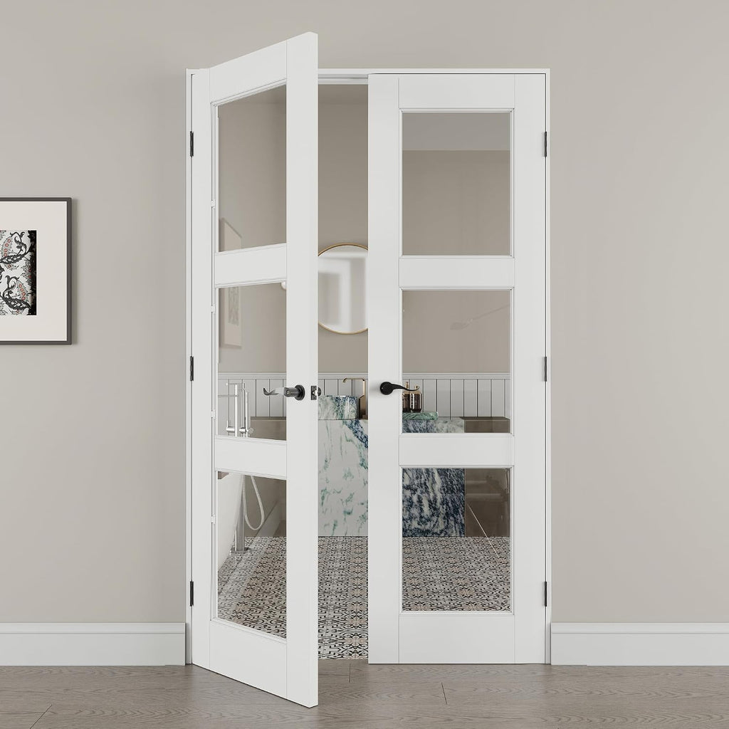 48' x 80' French Doors Interior (Double 24' x 80' 3-Lite Clear Glass Door with Black Hinge Prehung Jamb Kit), Pre-Finished & Paintable, Prebuilt Home Door Panels & Assembly Required Jamb