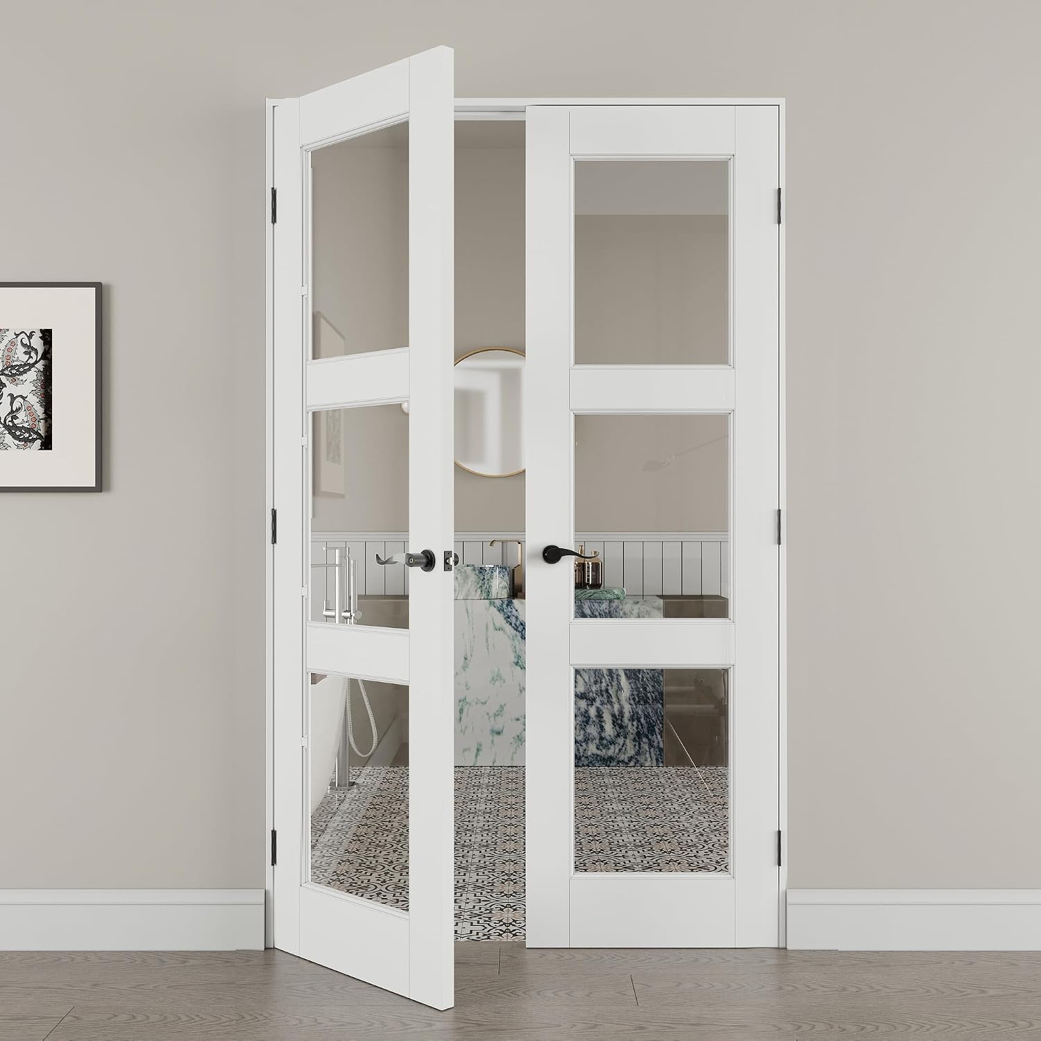 48' x 80' French Doors Interior (Double 24' x 80' 3-Lite Clear Glass Door with Black Hinge Prehung Jamb Kit), Pre-Finished & Paintable, Prebuilt Home Door Panels & Assembly Required Jamb