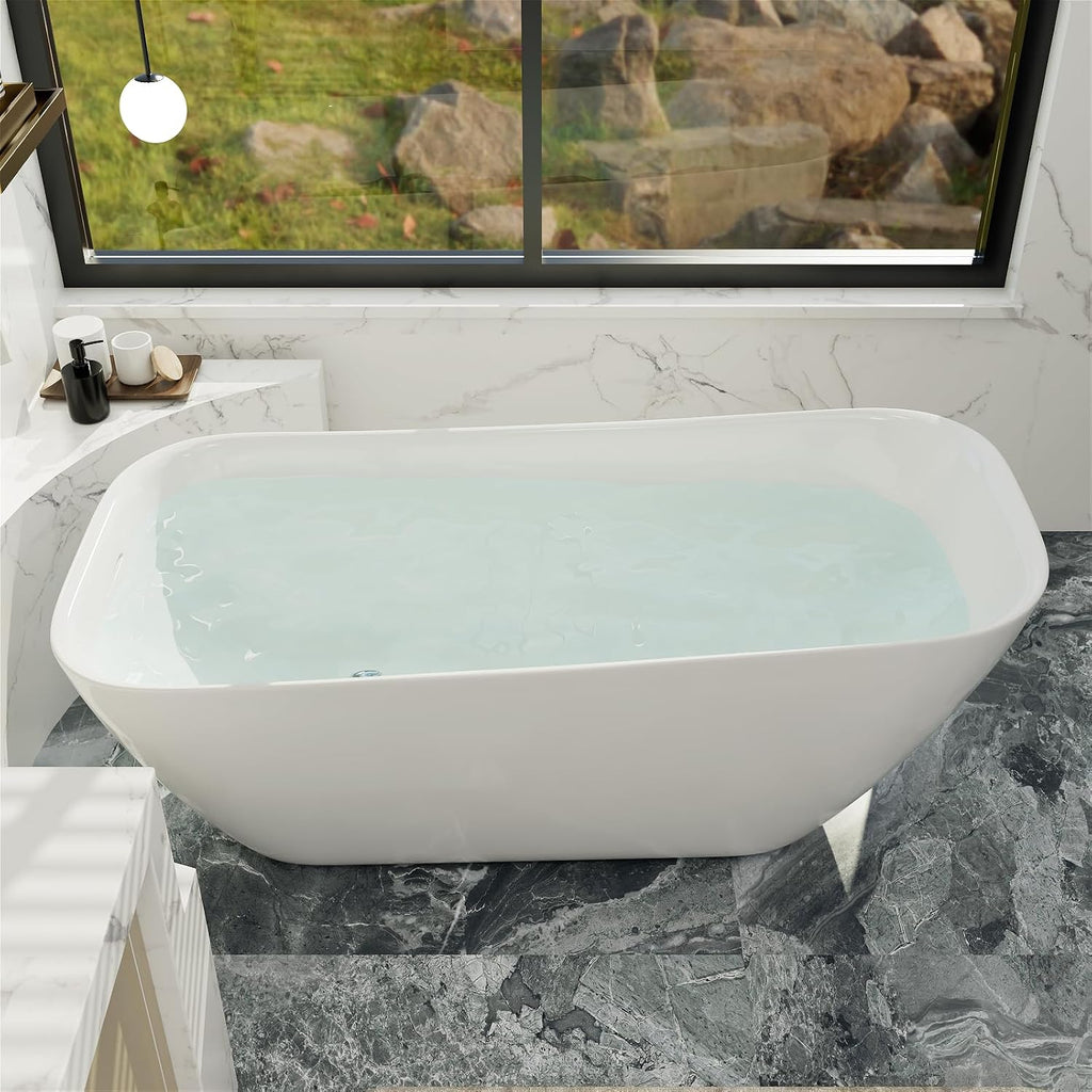Acrylic Freestanding Bathtub, Single Slipper Free Standing Tub, Soaking Tub with Integrated Slotted Overflow, Toe-Tap Chrome Drain, cUPC Certified, Glossy White