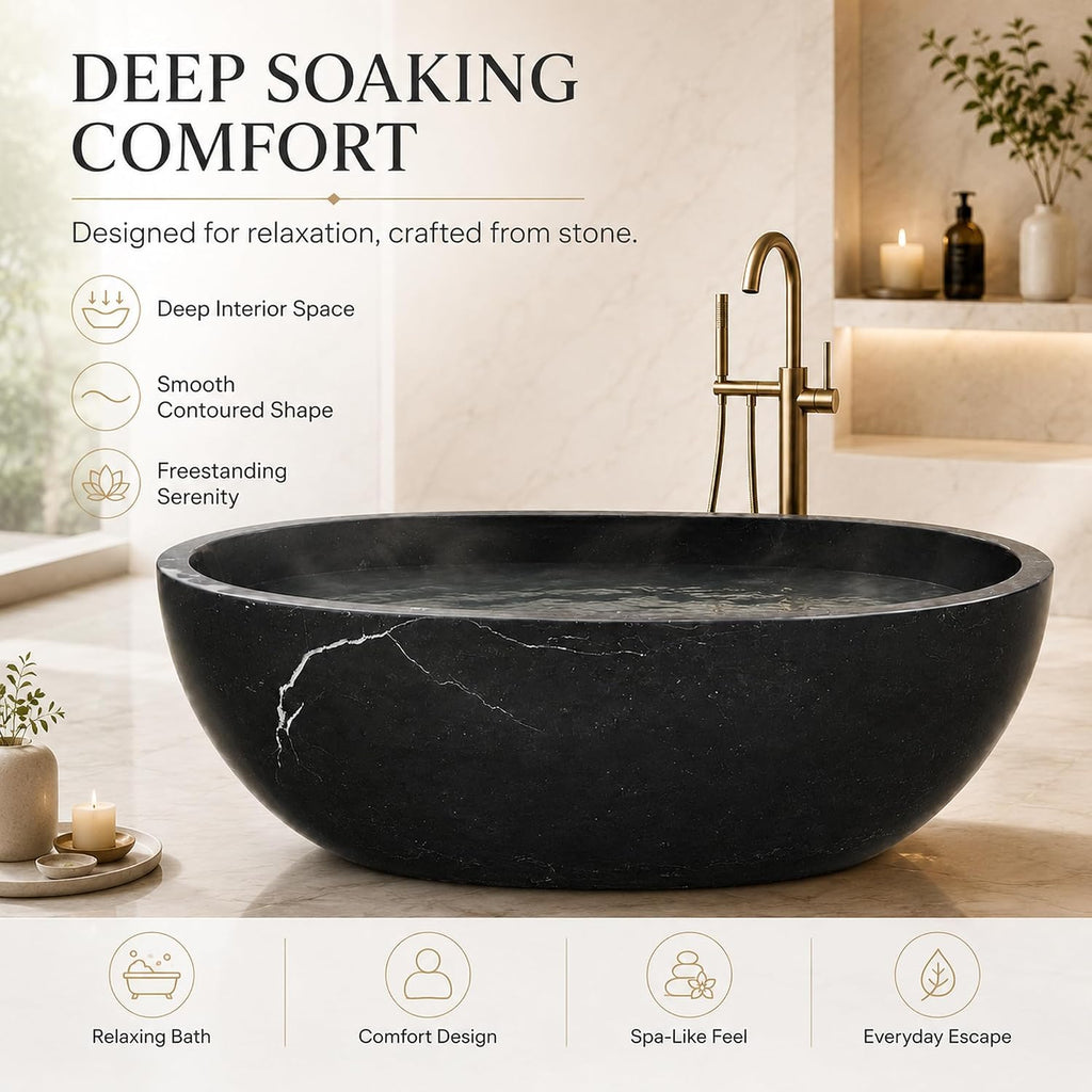 CHETTO C Black Marble Freestanding Bathtub, Luxury Oval Stone Soaking Tub with Smooth Curved Design, Deep Ergonomic Stand Alone Bath Tub for Master Suite, Spa & Hotel Bathroom 60'Lx29.53'Wx21.65'H