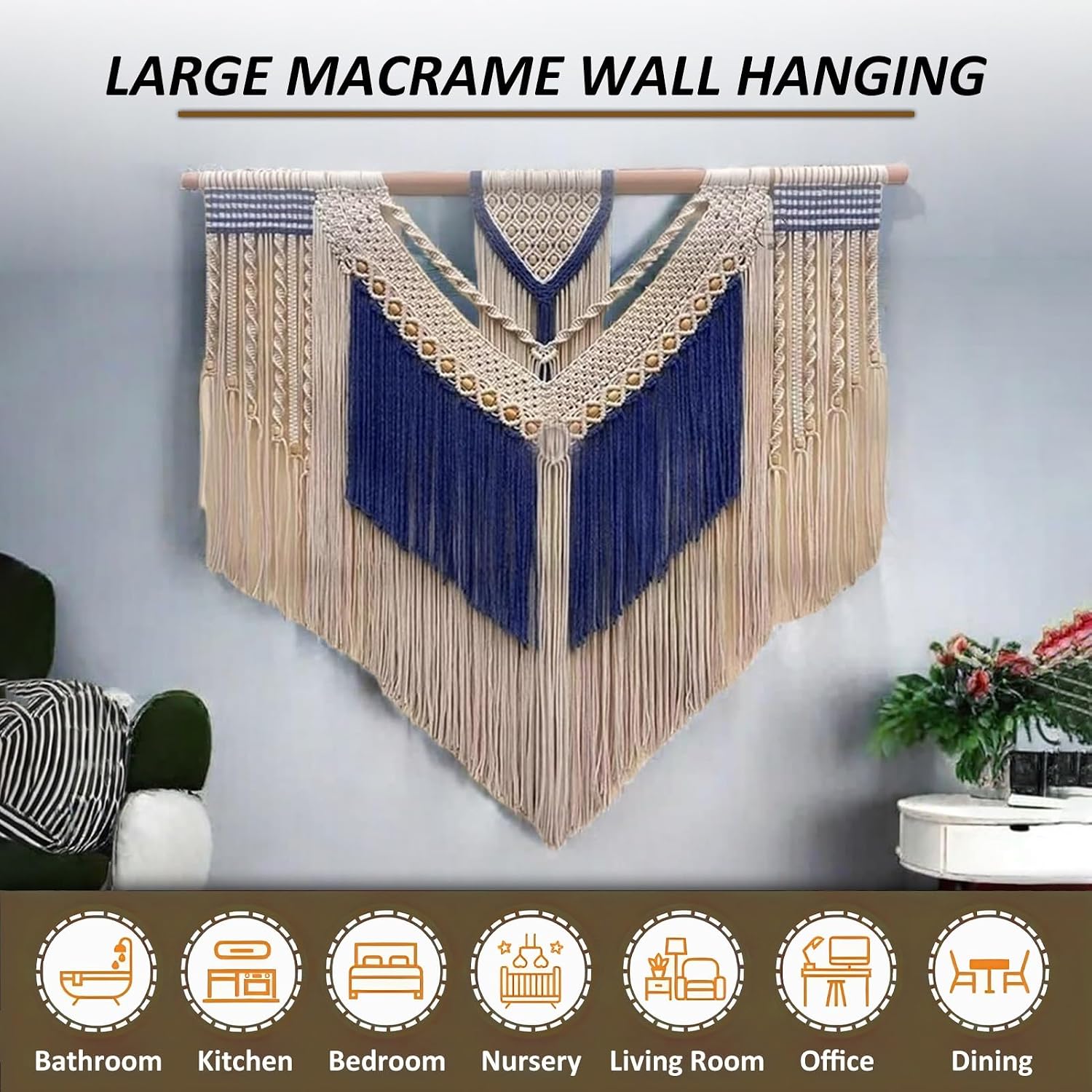 Macrame Wall Hanging Blue Tapestry Wall Hanging, Large Woven Wall Tapestry Macrame Wall Decor, for Dining Room Doorways Hallway
