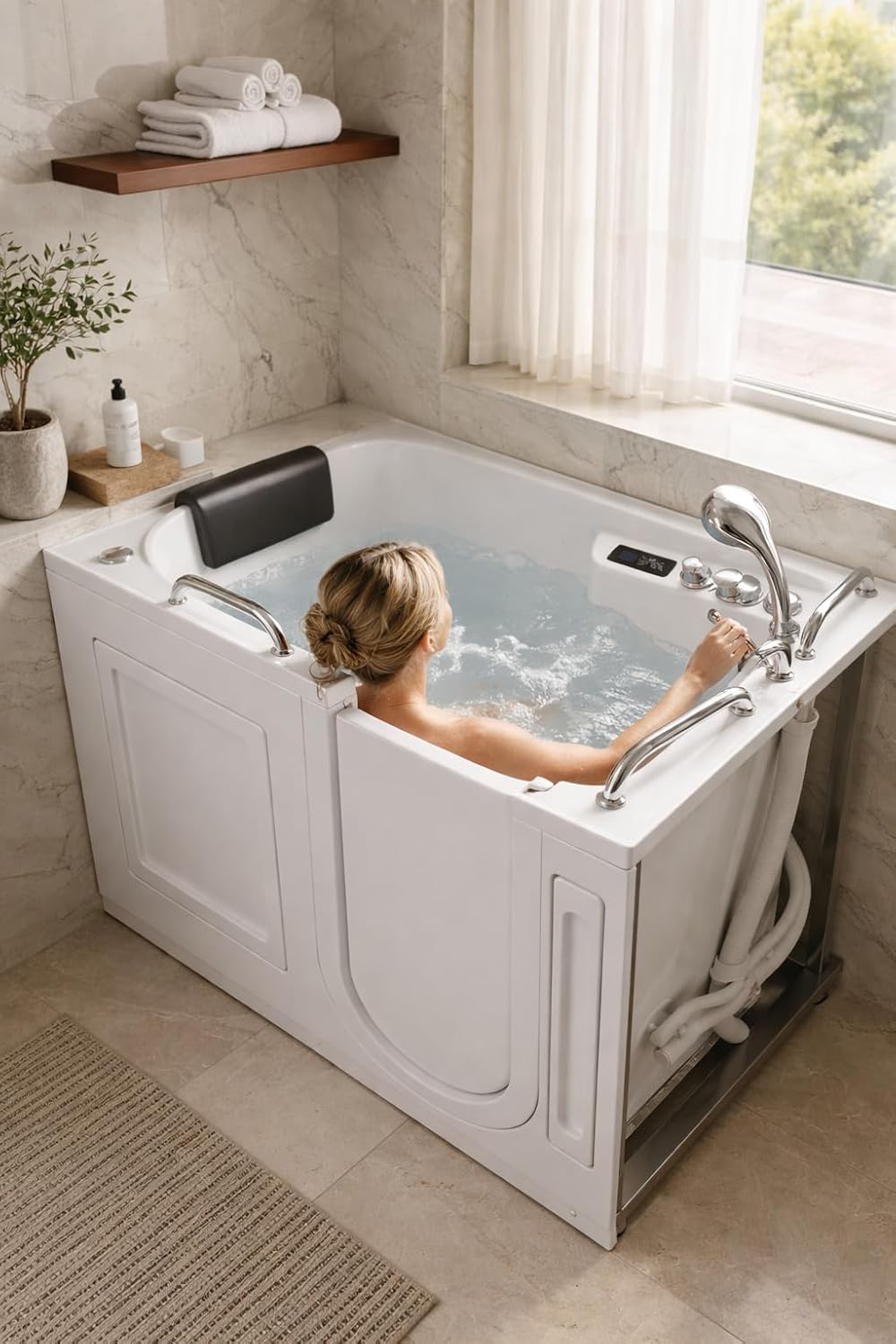 ANZZI Walk-In Tub, 27 x 53 in, Right Drain, Air & Whirlpool Jets, 110V | Spa features: Aromatherapy, chromatherapy, ADA slip-resistant seat, handheld shower, bath pillow included, LED light