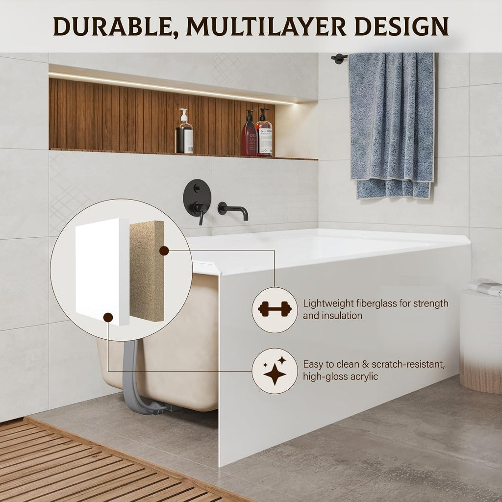 60'x30' Acrylic Alcove Soaking Tub with Integral Apron Front | Right-Side Drain & Brushed Nickel Pop-Up Drain | Glossy White Rectangular Bathtub