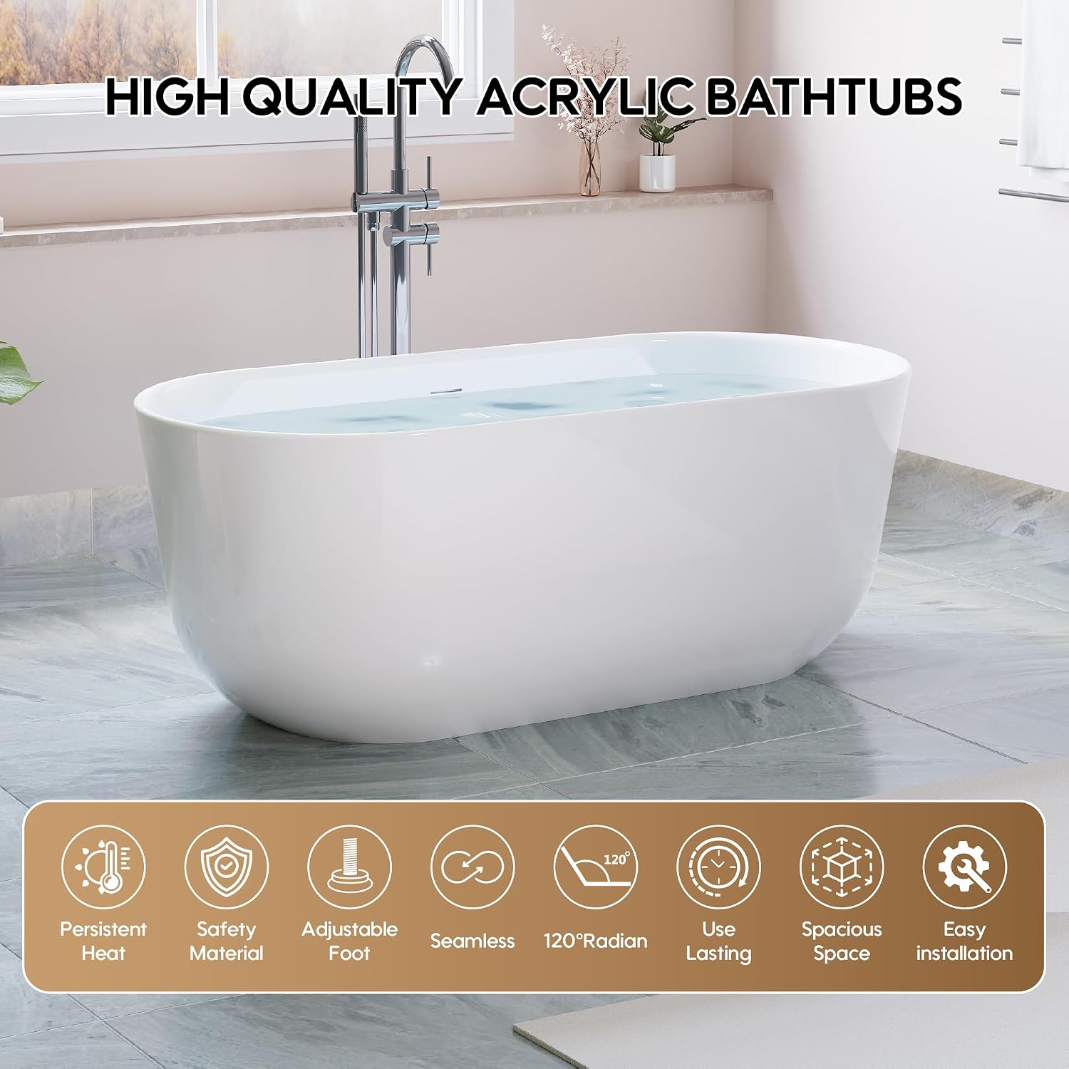 WELLFOR 60-Inch Freestanding Acrylic Bathtub with Chrome Bathtub Drain and Integrated Slotted Overflow, Freestanding Glossy White Soaking Bathtub, Acrylic Soaking Tub (Glossy White)