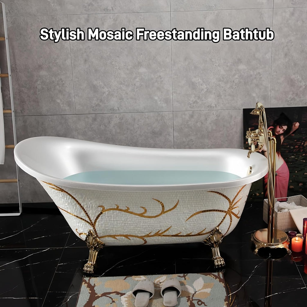 54' Edeyeu Freestanding Bathtub - Solid Surface Soaking Tub With Gold Clawfoot Elegance, Designer Free Standing Bathtub for Luxury Spa Bathroom, Extra Deep Soaker, A