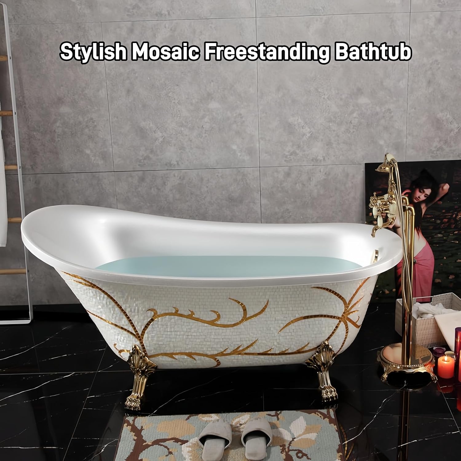 54' Edeyeu Freestanding Bathtub - Solid Surface Soaking Tub With Gold Clawfoot Elegance, Designer Free Standing Bathtub for Luxury Spa Bathroom, Extra Deep Soaker, A