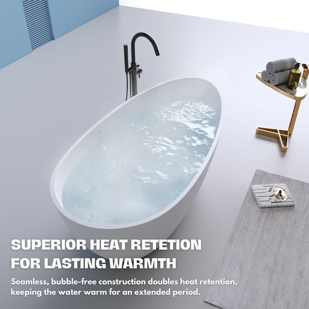 H2O Oval 59 in. x 30.7 in. Solid Surface Stone Resin Freestanding Bathtub, 14 in. Soaking Depth, Ergonomic Backrest, Matte White, Center Drain with Overflow, Durable, Easy to Clean