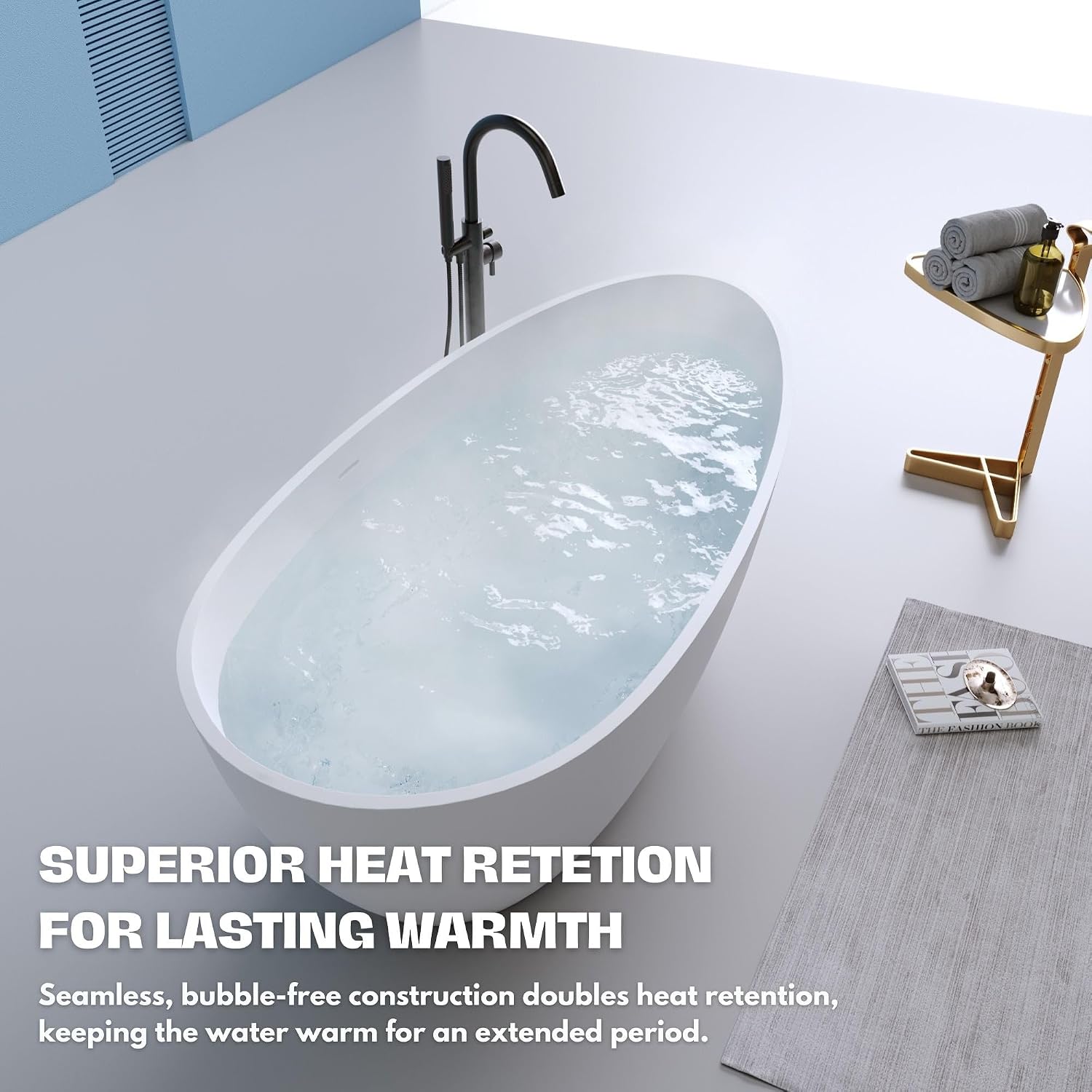 H2O Oval 59 in. x 30.7 in. Solid Surface Stone Resin Freestanding Bathtub, 14 in. Soaking Depth, Ergonomic Backrest, Matte White, Center Drain with Overflow, Durable, Easy to Clean