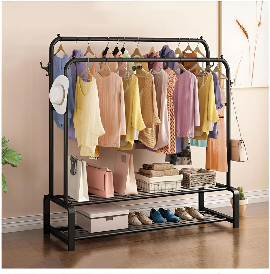 Doubl Rods Garment Rack Heavy Duty Clothes Rail Organizer with Wheels, 4 Hooks and 2 Bottom Shelf for Shoe and Clothes Storage
